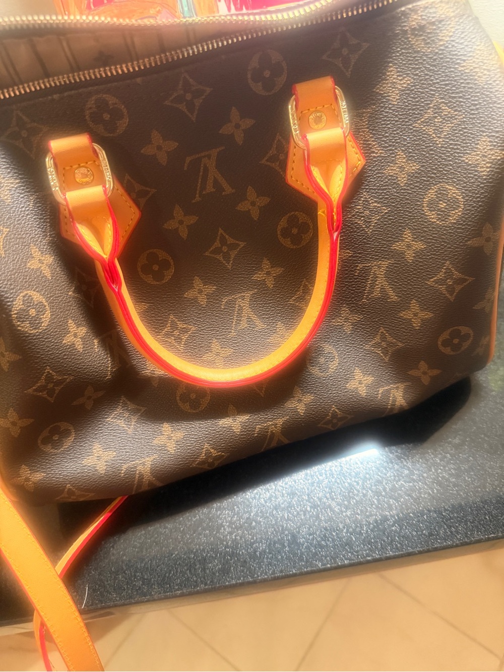 Monogram Satchel with Brown Canvas and Red-Trimmed Handles - Picture 9 of 16